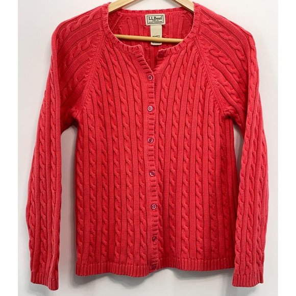 L.L. Bean Sweaters - LL Bean Cardigan Sweater Cable Knit Button Up Front Coral Pink Red Womens M